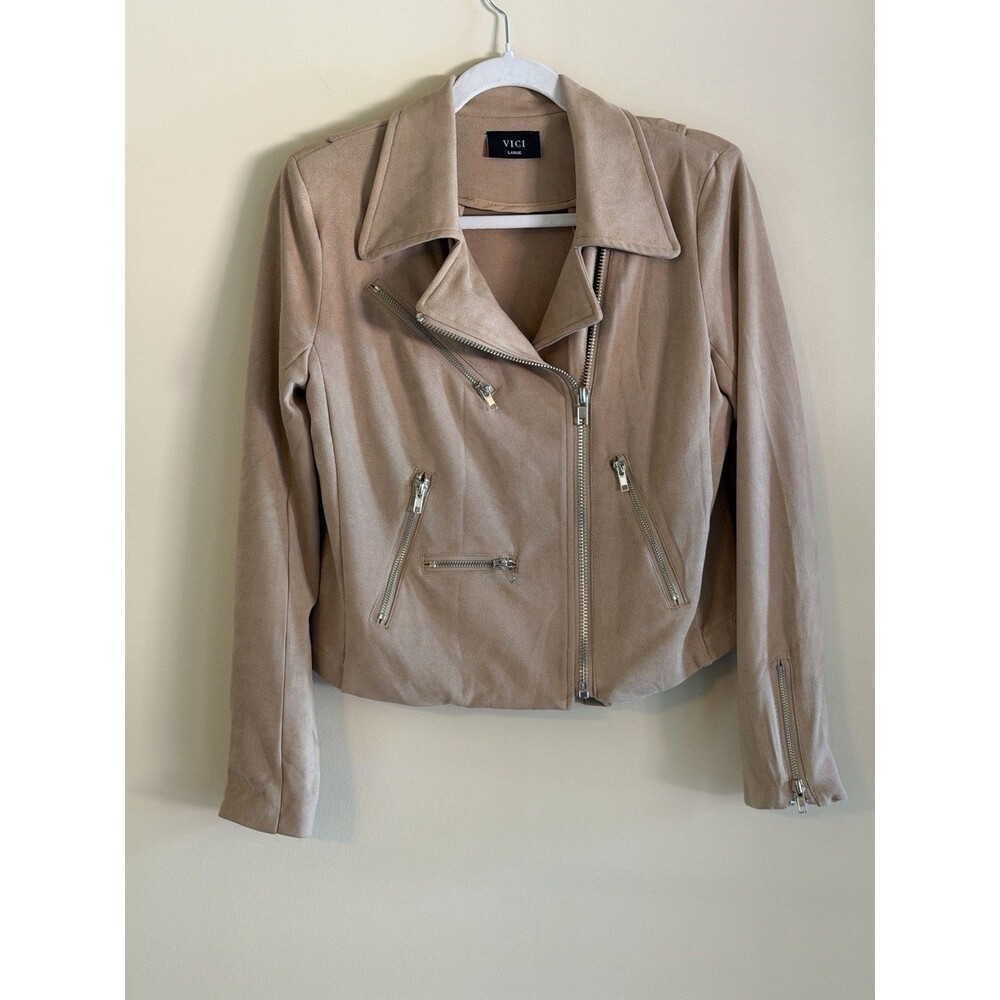 VICI Faux Suede Moto Jacket Womens L Taupe Tan Cropped Biker Asymmetrical Zip